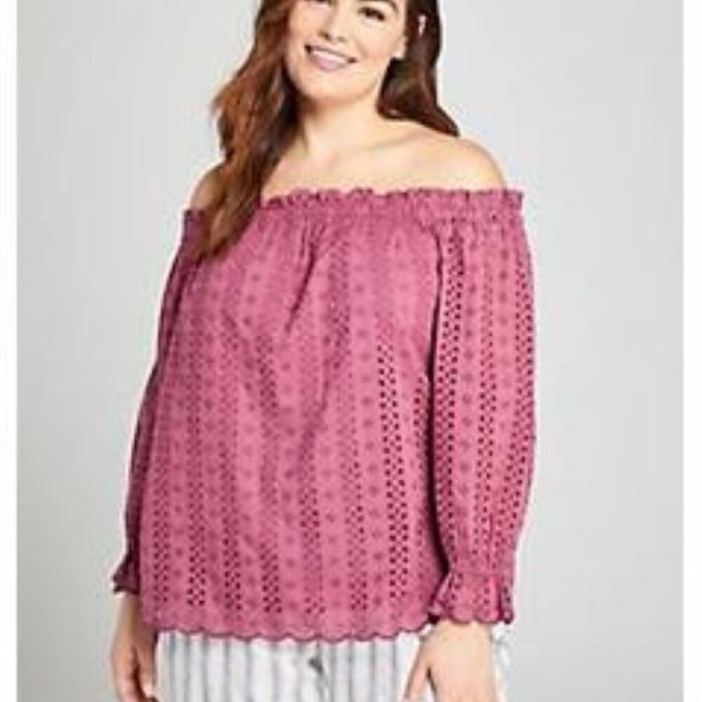 NWT Lane Bryant Eyelet Off Shoulder Maroon Boho Cotton Blouse Plus Size 18/20